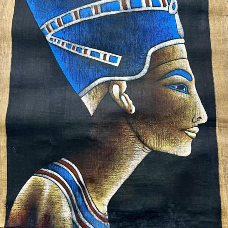 Authentic hand-painted Egyptian papyrus portrait purchased in Sharm El-Sheikh, created on darker, thicker traditional papyrus paper with rich pigments and classic ancient Egyptian styling.