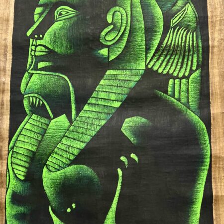 Authentic hand-painted Egyptian papyrus artwork featuring a stylized green-toned profile figure, created on darker, thicker traditional papyrus paper with bold contrast and expressive detail.