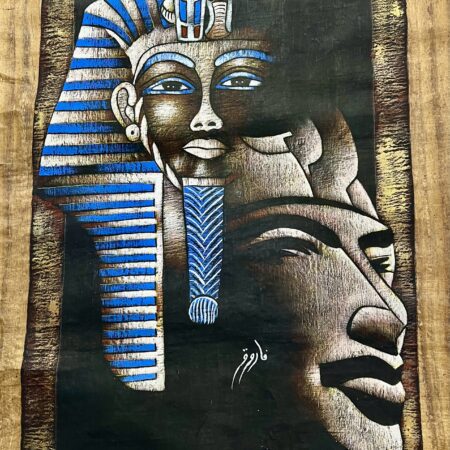 Authentic hand-painted Egyptian papyrus artwork featuring a stylized green-toned profile figure, created on darker, thicker traditional papyrus paper with bold contrast and expressive detail.