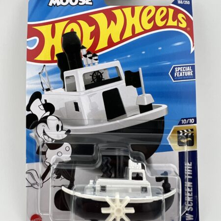 A charming Disney–Hot Wheels crossover featuring Mickey Mouse’s classic steamboat design. This black-and-white boat casting captures vintage animation style with playful details, making it a standout piece for Disney fans and Hot Wheels collectors alike.