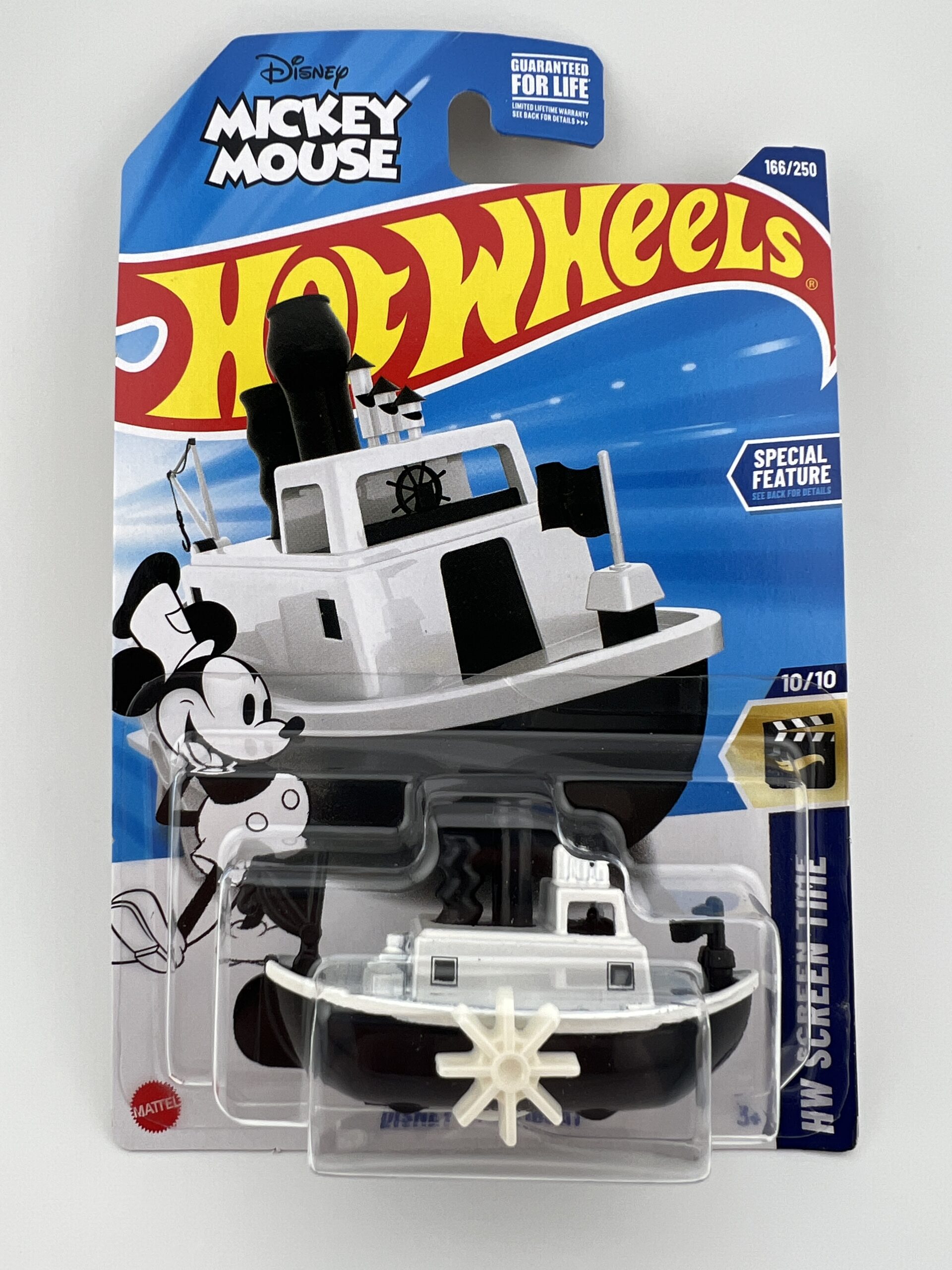 A charming Disney–Hot Wheels crossover featuring Mickey Mouse’s classic steamboat design. This black-and-white boat casting captures vintage animation style with playful details, making it a standout piece for Disney fans and Hot Wheels collectors alike.