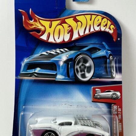 hot wheels diecast car in packaging blue card front view classic white car collectible