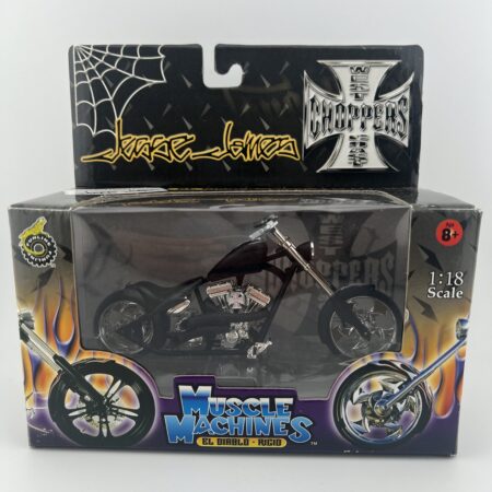muscle machines diecast chopper motorcycle in packaging black custom bike alternate front view
