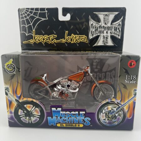 muscle machines diecast chopper motorcycle in packaging orange custom bike front view