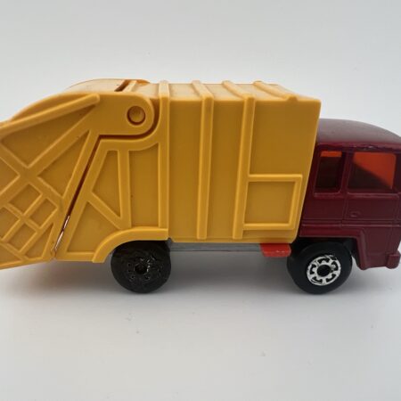 red garbage truck diecast vehicle with yellow compactor side view left profile vintage toy