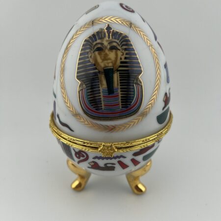 Egyptian Faberge egg trinket box pharaoh mask design front view white enamel gold base