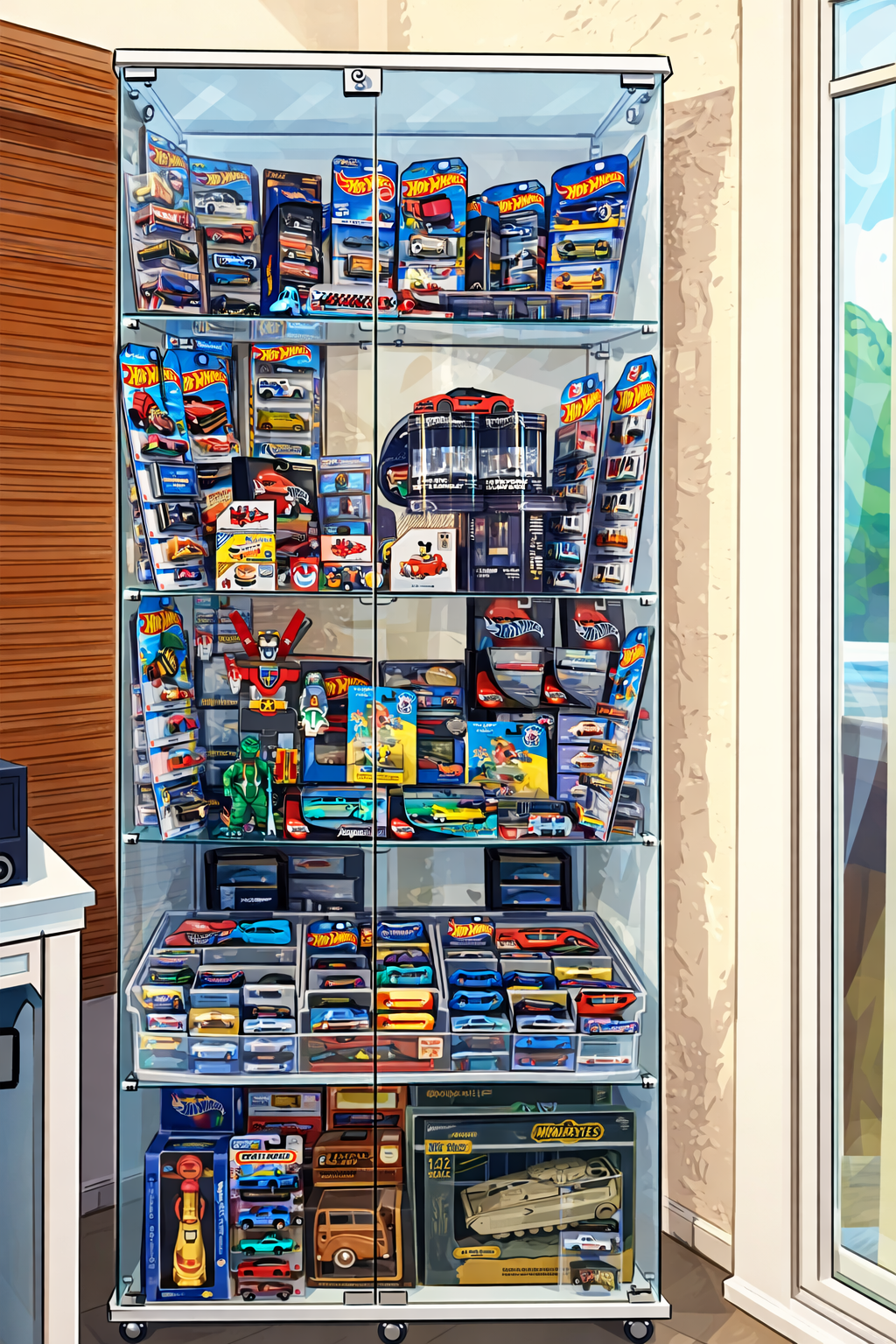 hot wheels collection displayed in a glass cabinet with organized diecast cars in a clean and protected setup