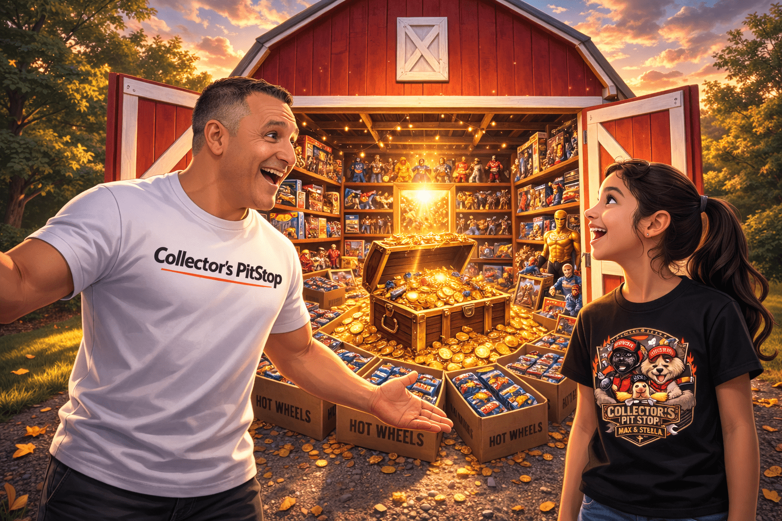 Father and daughter discovering a collection of Hot Wheels cars inside a red barn filled with collectibles and treasure