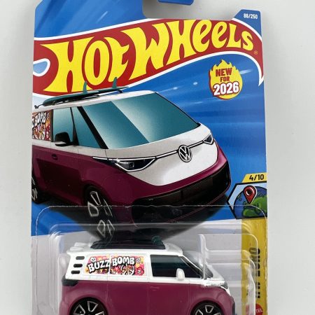 Hot Wheels VW ID Buzz Bomb HW Euro diecast car in original packaging with European theme artwork and Mattel branding, 1:64 scale collectible
