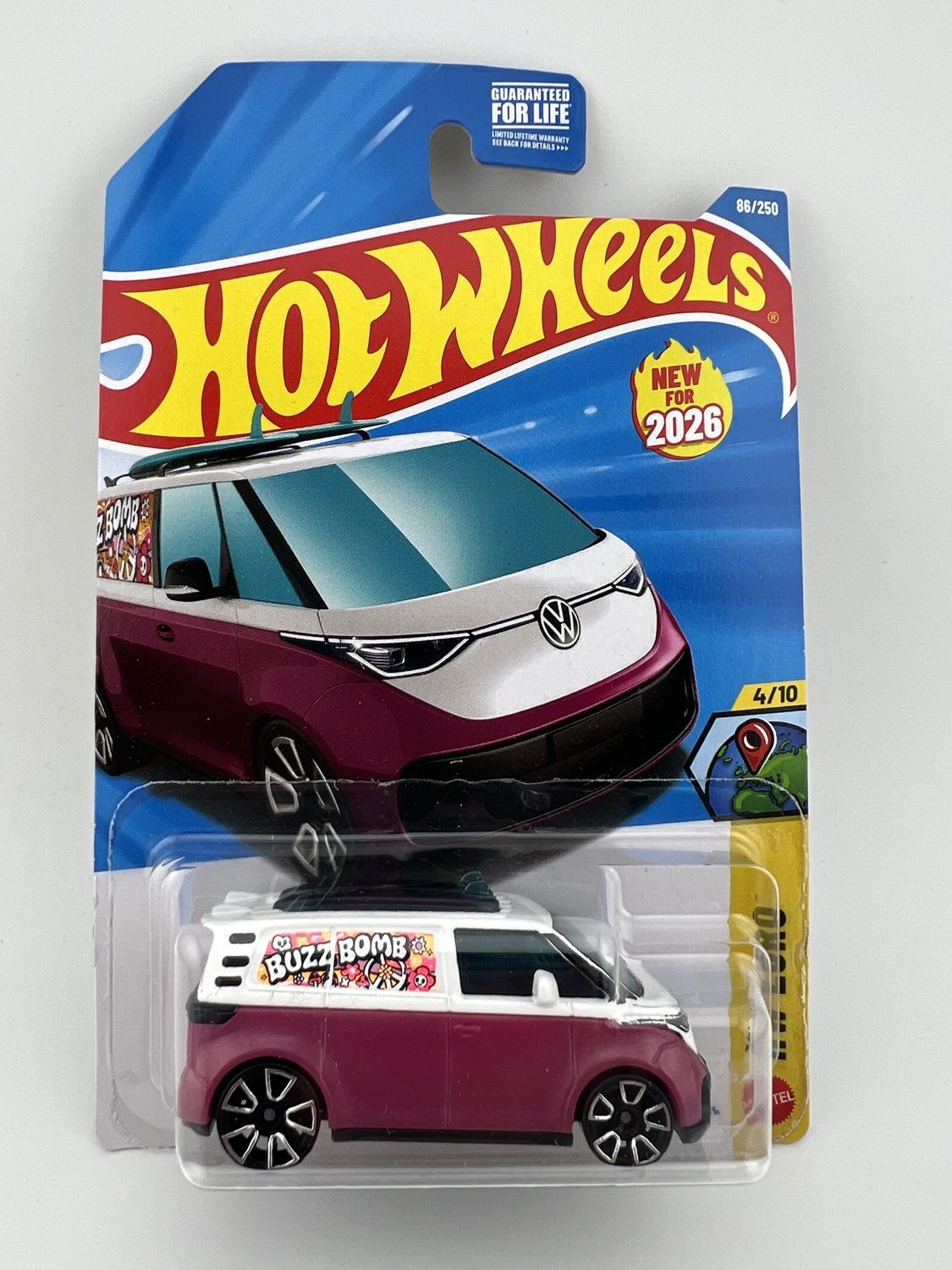 Hot Wheels VW ID Buzz Bomb HW Euro diecast car in original packaging with European theme artwork and Mattel branding, 1:64 scale collectible