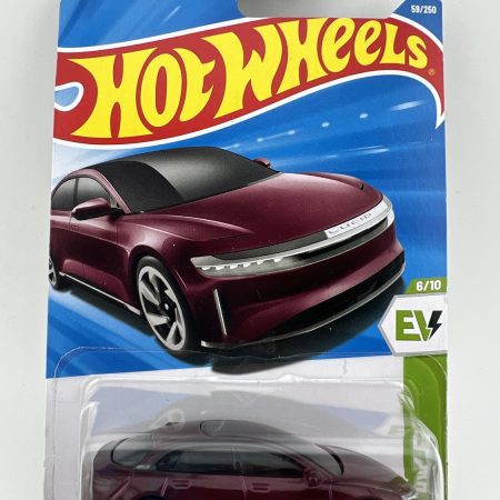 Hot Wheels Lucid Air HW EV diecast car in original packaging with electric vehicle theme and Mattel branding, 1:64 scale collectible