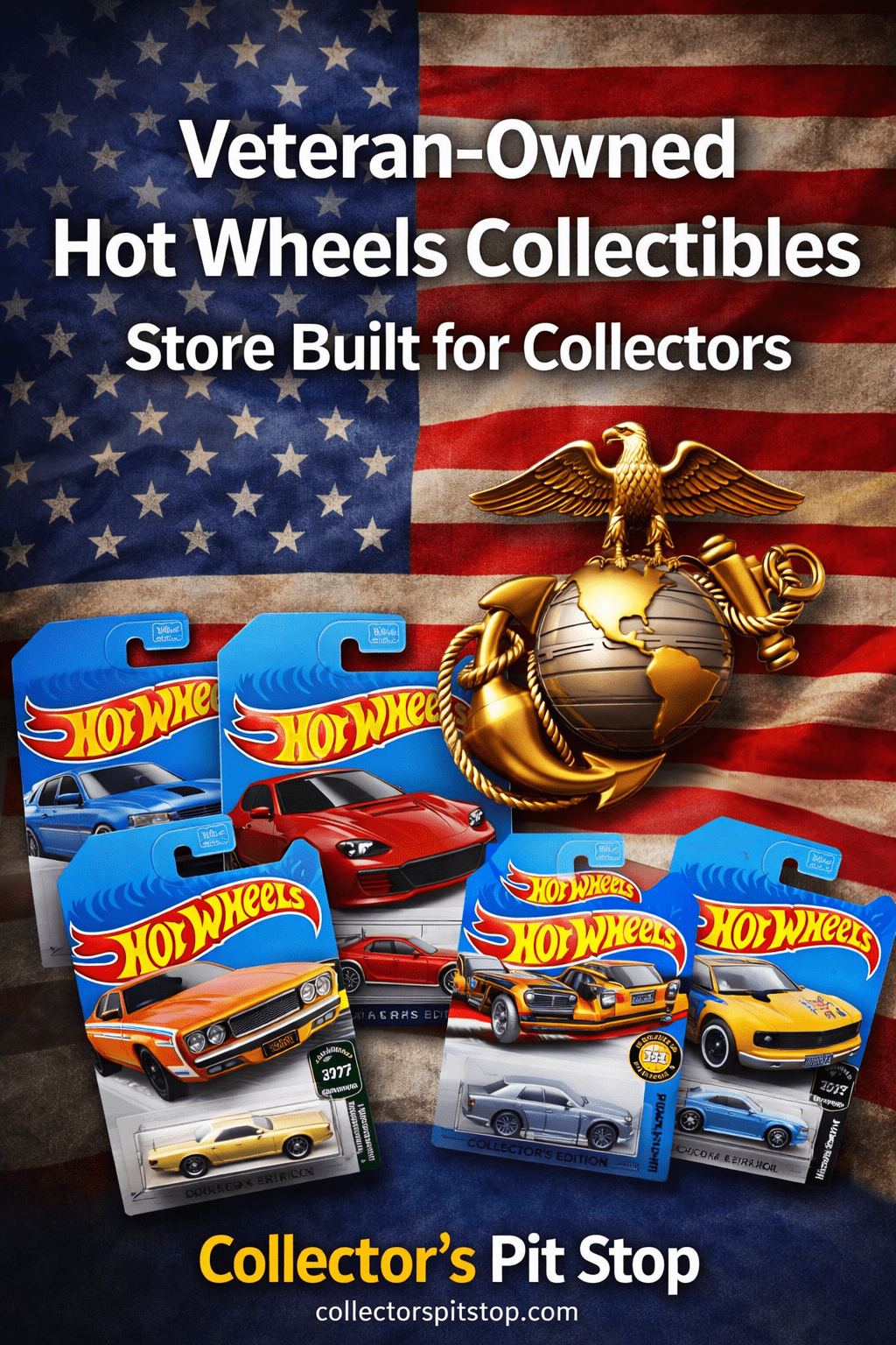 Veteran owned Hot Wheels collectibles store with American flag and diecast cars