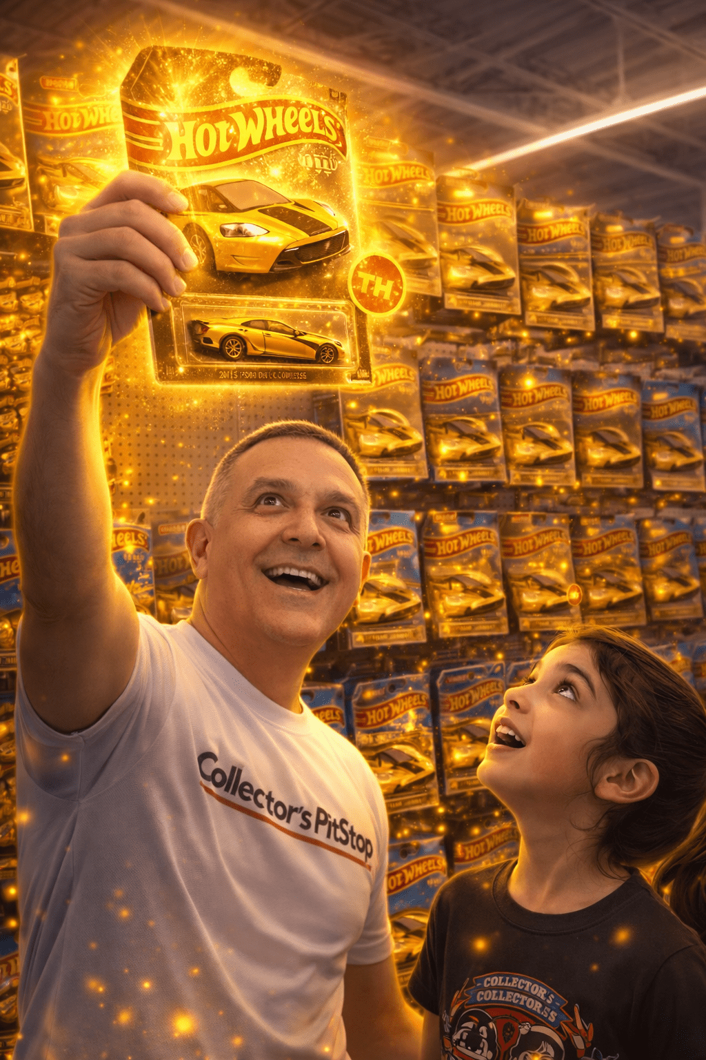 Father and daughter excitedly discovering a glowing Hot Wheels Ford GT Treasure Hunt car on a store peg wall, capturing the thrill of the Hot Wheels hunting experience.