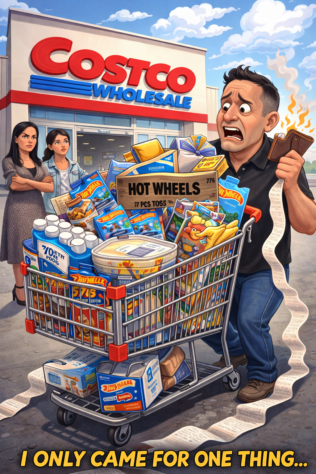 Collector leaving Costco with full cart of Hot Wheels purchases showing regret after overspending during collecting experience