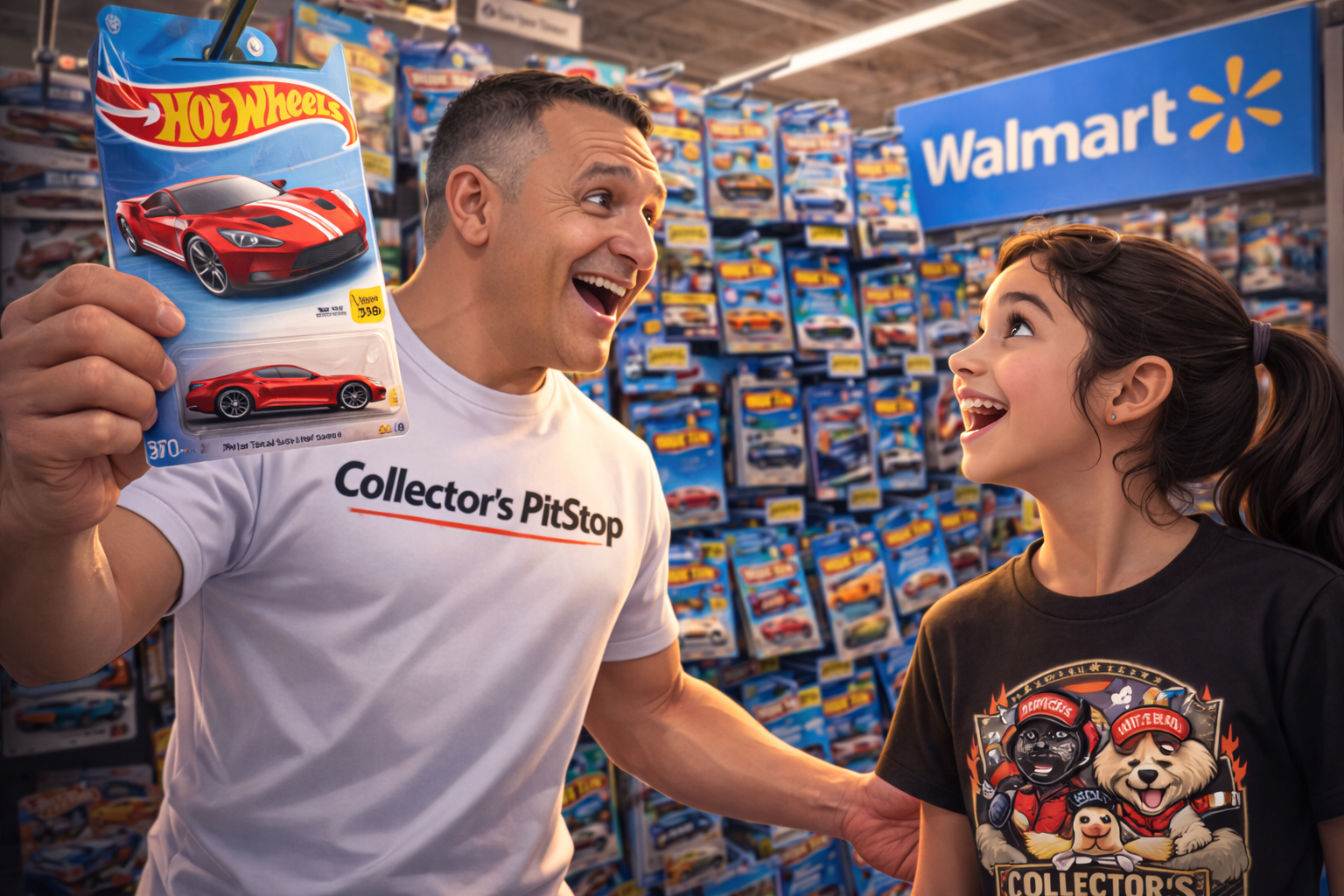 Father and daughter excitedly finding a Hot Wheels Ford GT Treasure Hunt car in a Walmart toy aisle during a real hunting experience
