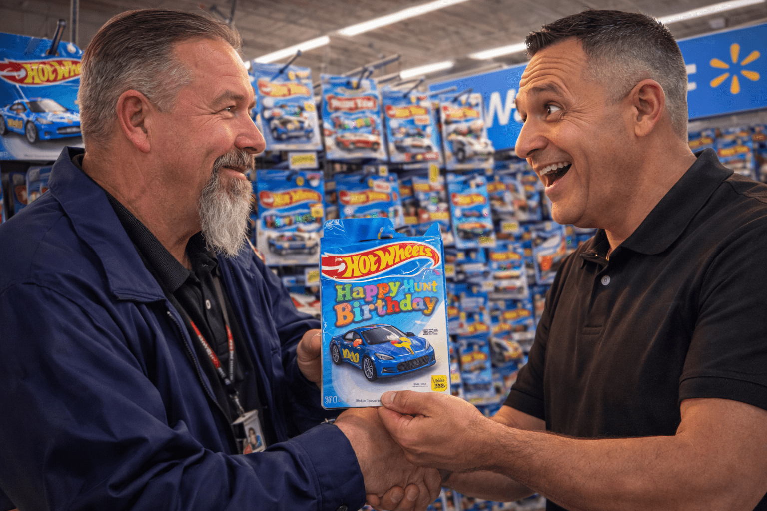 Coworker gifting first Hot Wheels Treasure Hunt car in Walmart toy aisle during real collector hunting experience