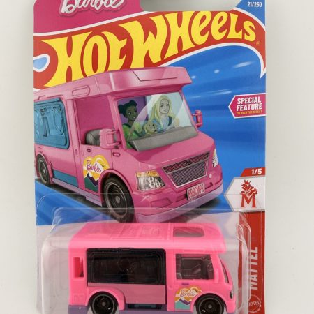 Hot Wheels Barbie Dream Camper diecast vehicle in original packaging with colorful artwork and Mattel branding, 1:64 scale collectible