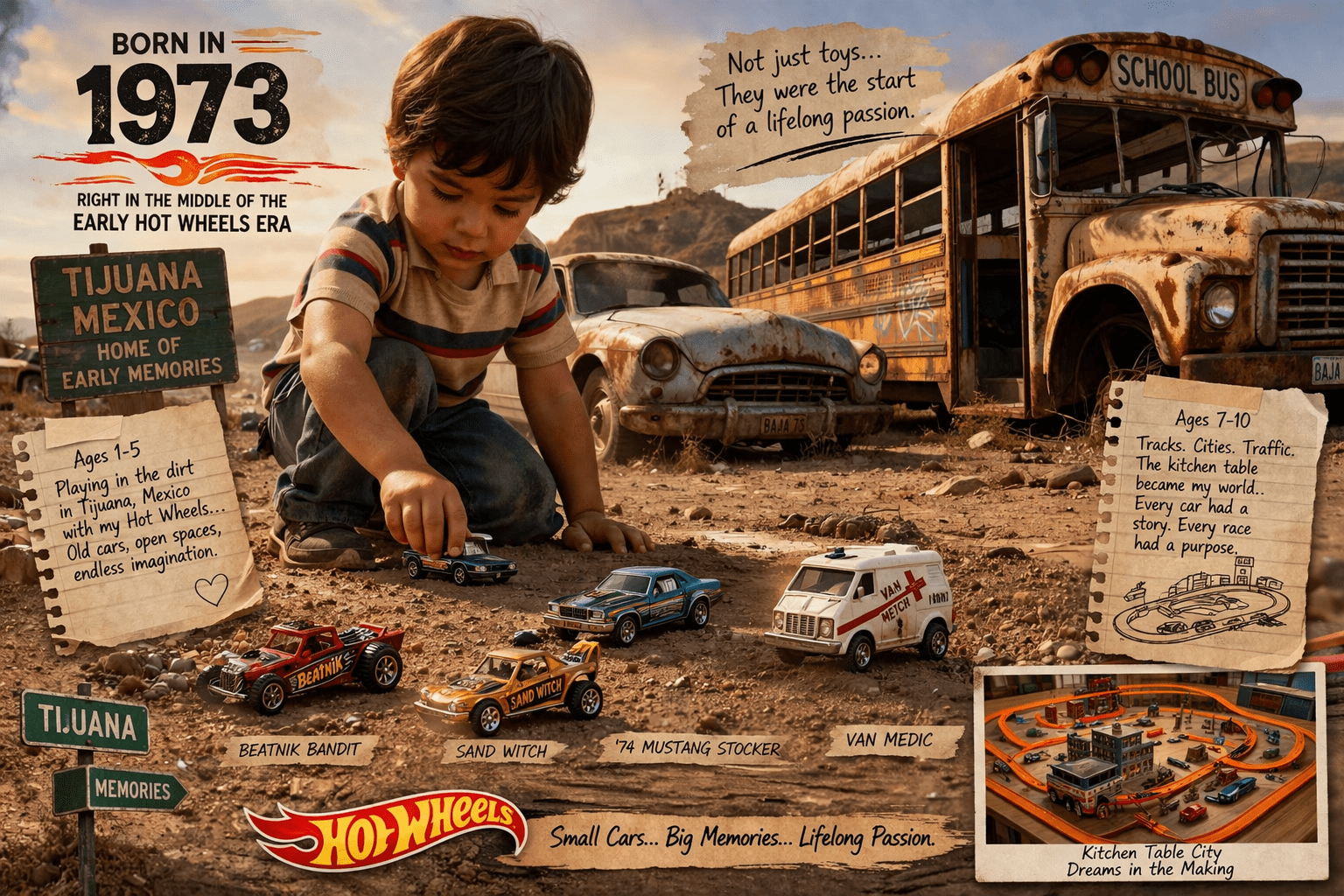Hot Wheels childhood memories collage showing 1973 collector story with vintage redline cars Beatnik Bandit Sand Witch Mustang Stocker and Van Medic in Tijuana setting