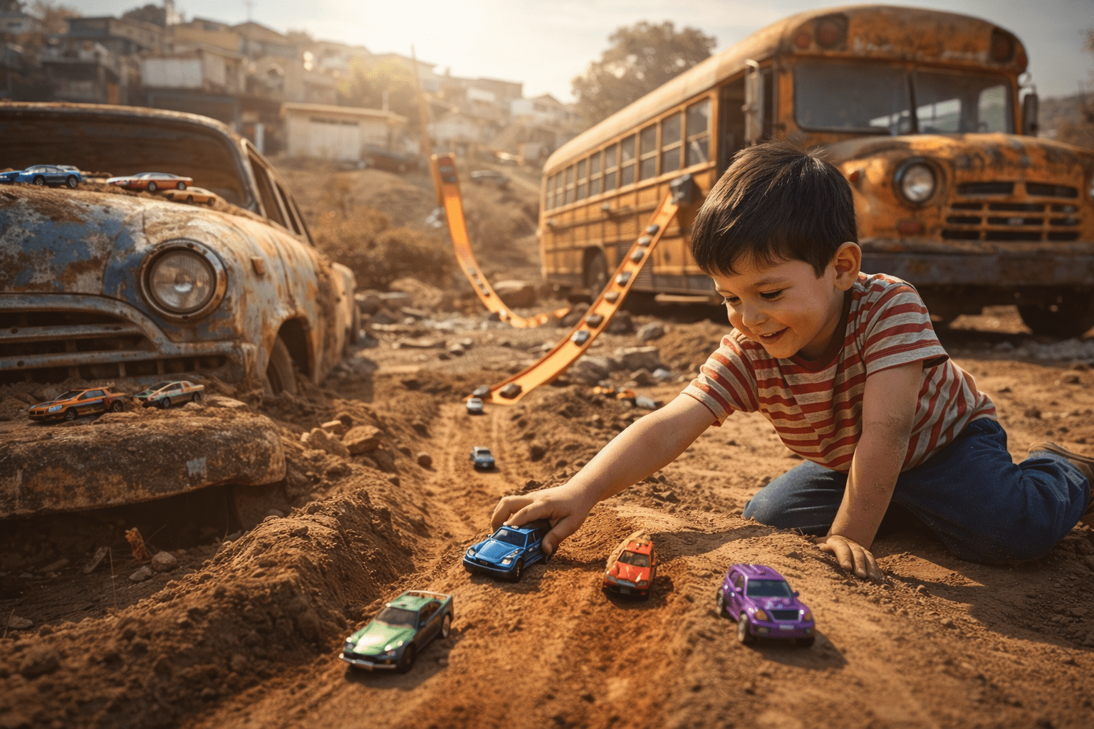 Child playing with Hot Wheels cars in dirt in Tijuana Mexico with abandoned car and school bus representing early 1970s Hot Wheels childhood memories