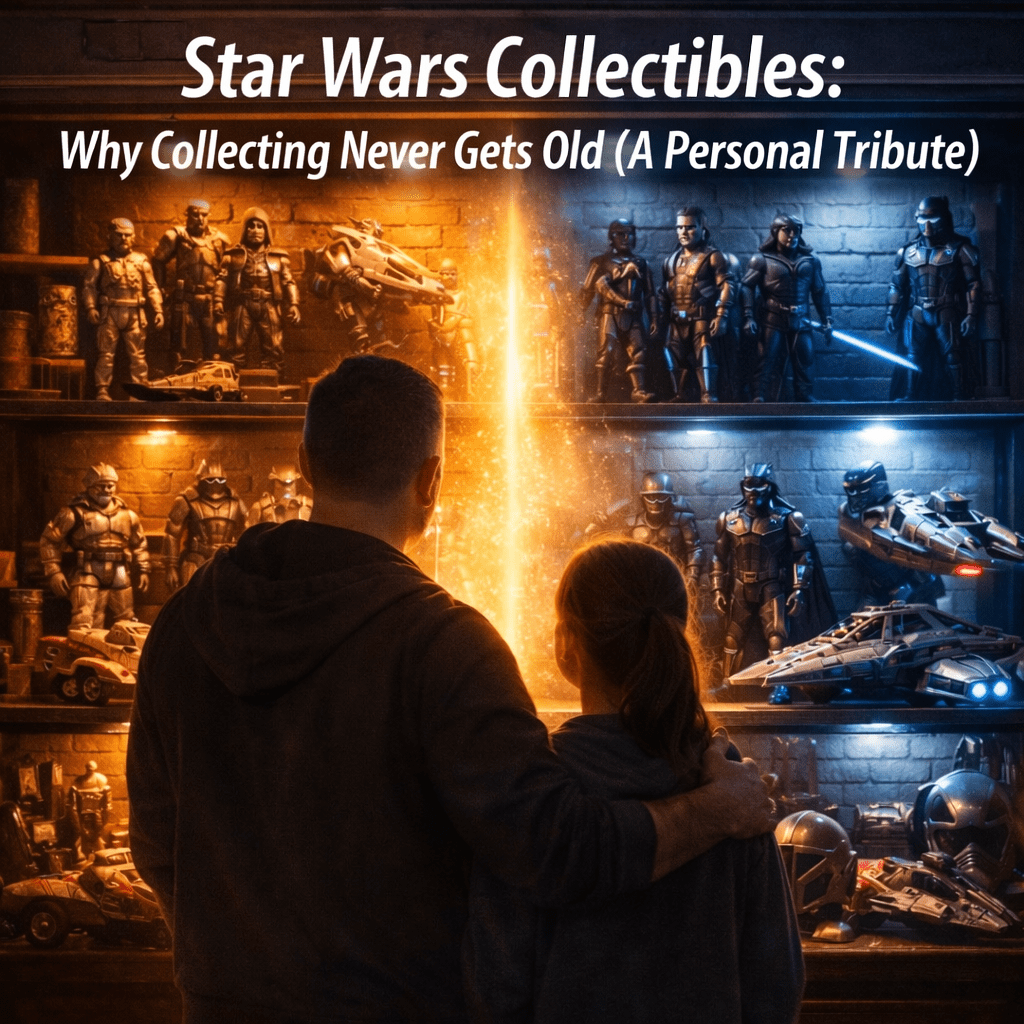 Star Wars collectibles display featuring vintage and modern action figures from a personal collection