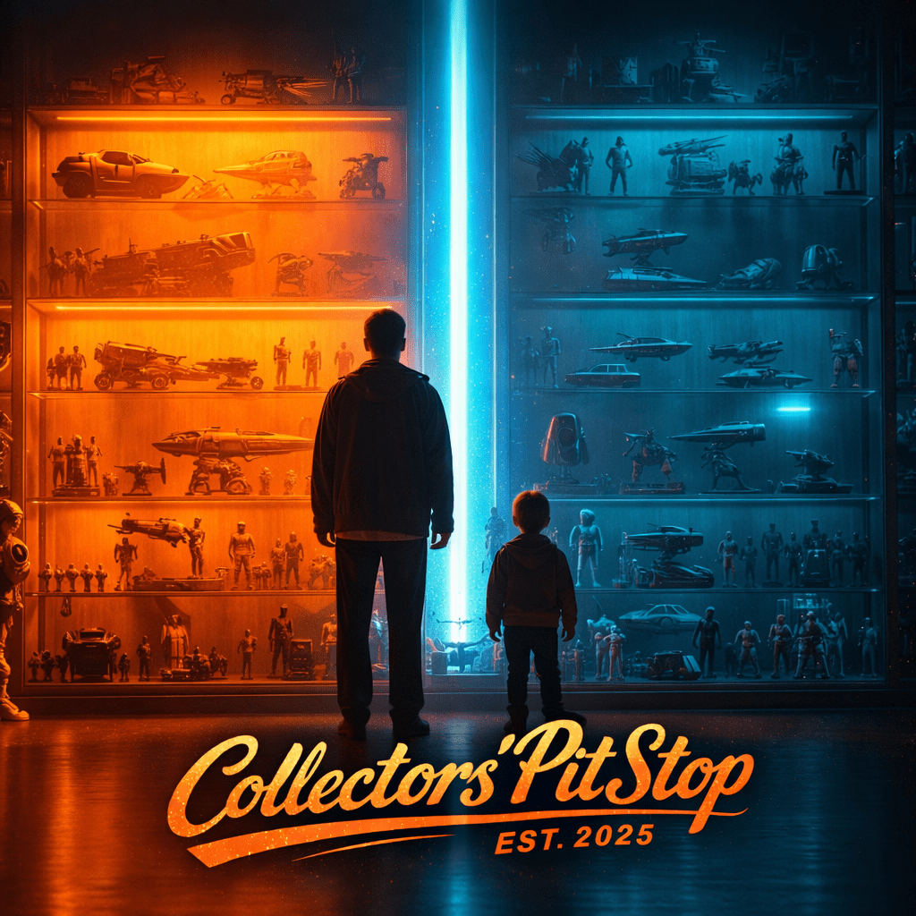 Father and child admiring a collectible display with Collectors’ PitStop EST. 2025 branding, representing the emotional connection of collecting