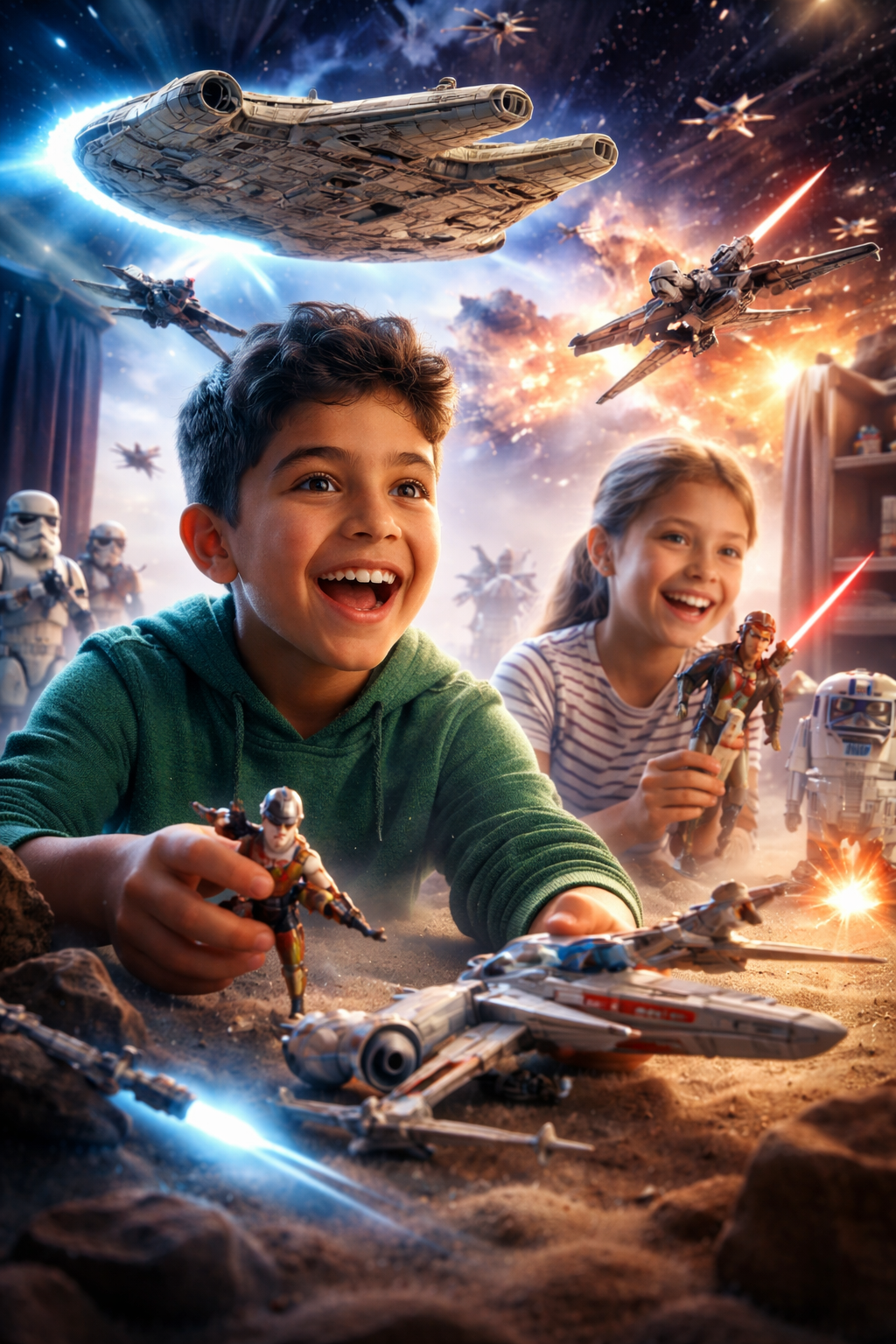 Children playing with Star Wars collectibles, imagining a space adventure as their action figures come to life in a dreamlike scene