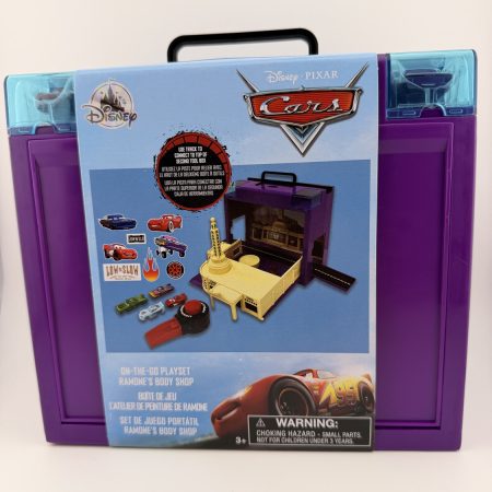 Disney Pixar Cars Ramone’s Body Shop portable playset with Lightning McQueen and accessories. Opens into full display scene.
