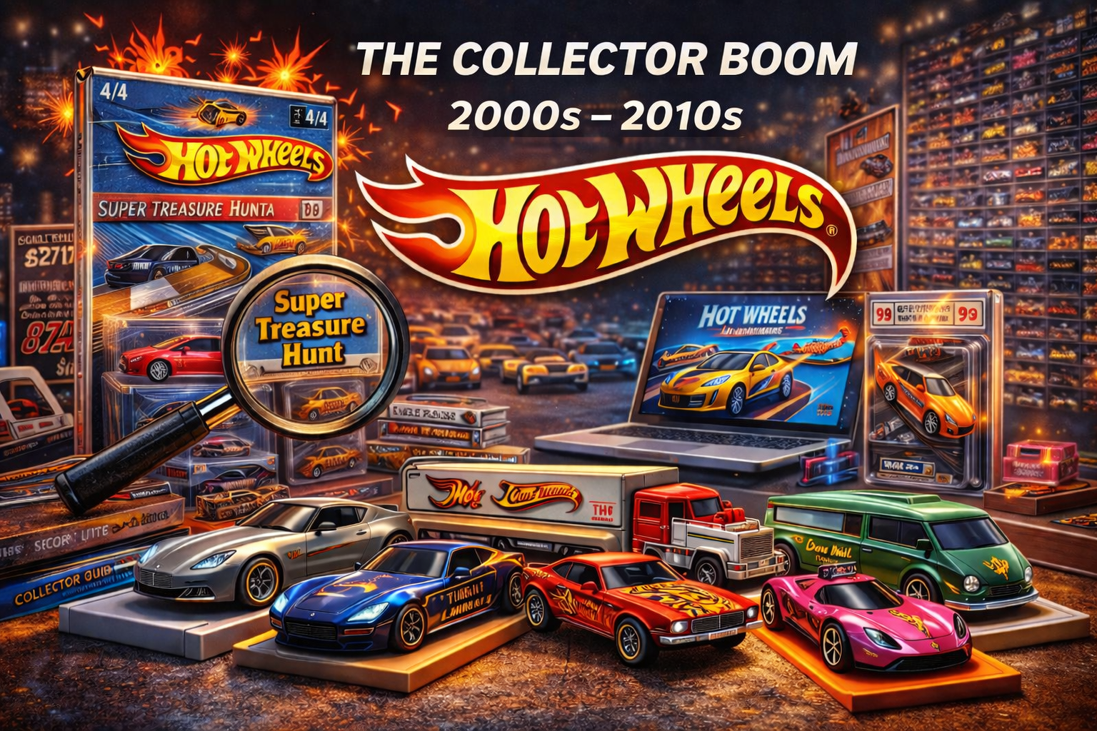Hot Wheels collector boom 2000s to 2010s featuring premium diecast cars Super Treasure Hunt packaging and collector display shelves