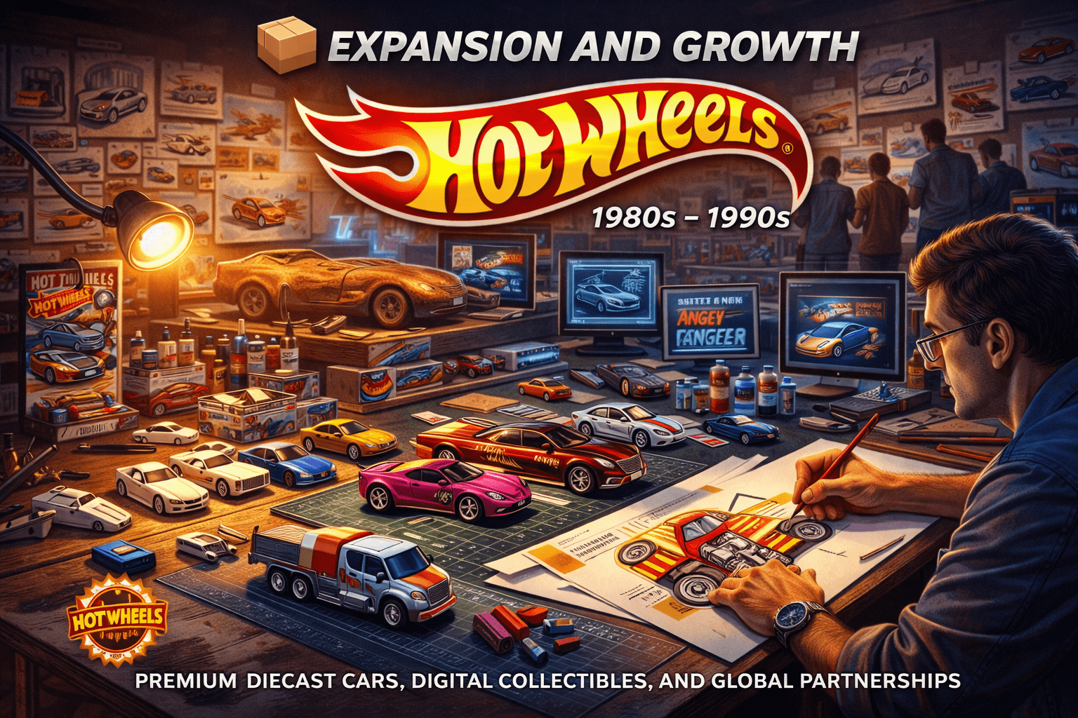Hot Wheels expansion and growth 1980s 1990s design studio showing artist creating diecast car prototypes with sketches and early models