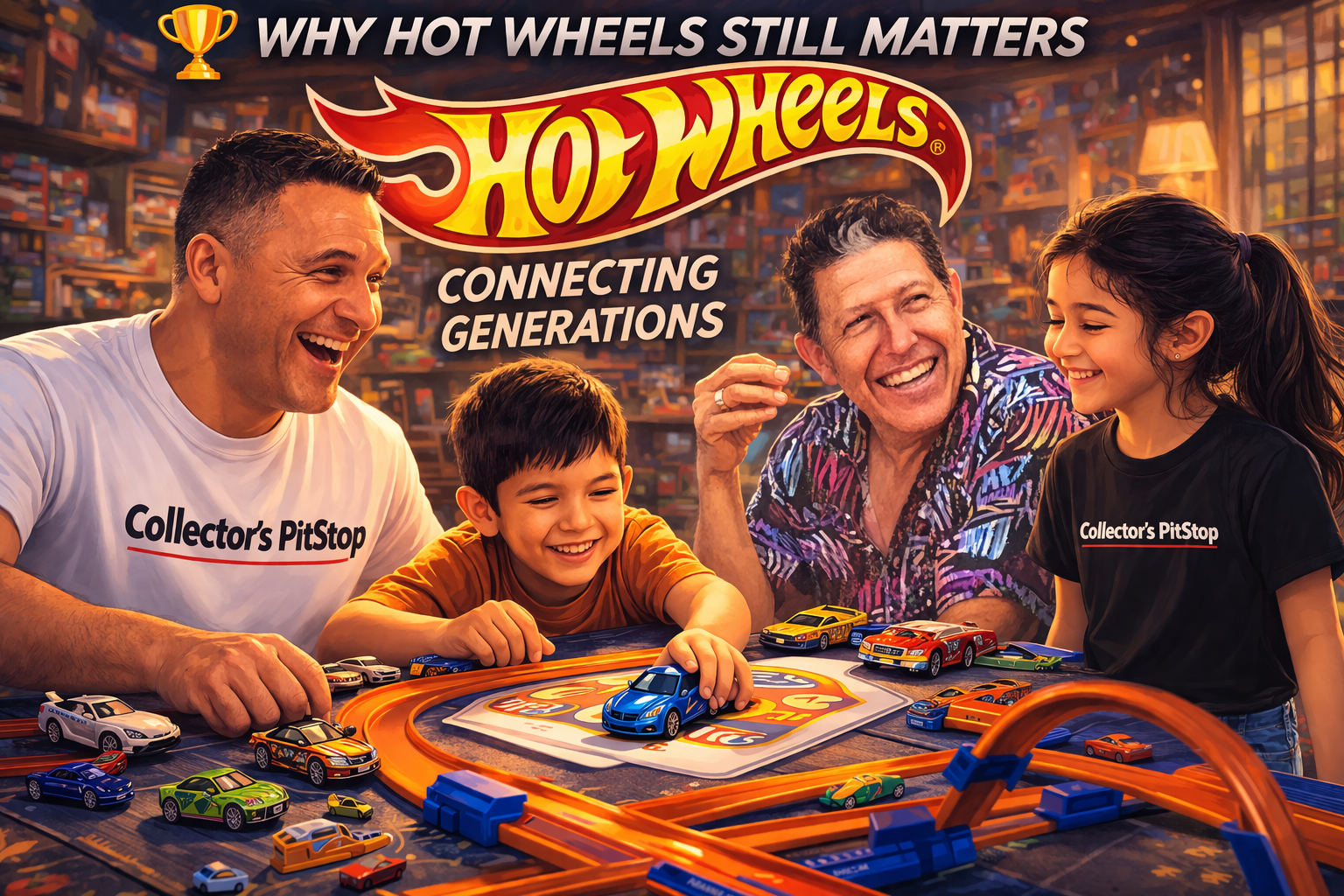 Hot Wheels connecting generations family scene with father son daughter and grandfather playing with diecast cars on track showing emotional family bonding