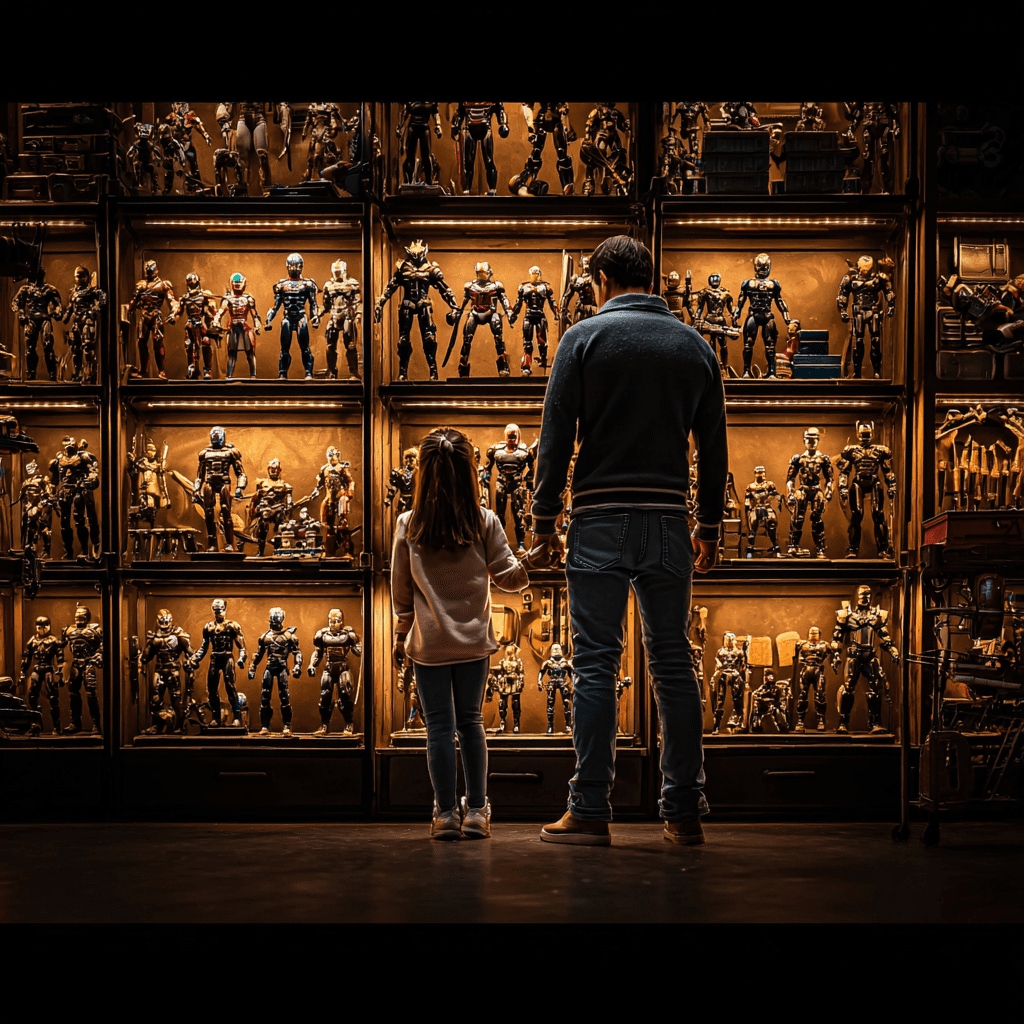 Father and daughter admiring an action figure collecting display in a collector room