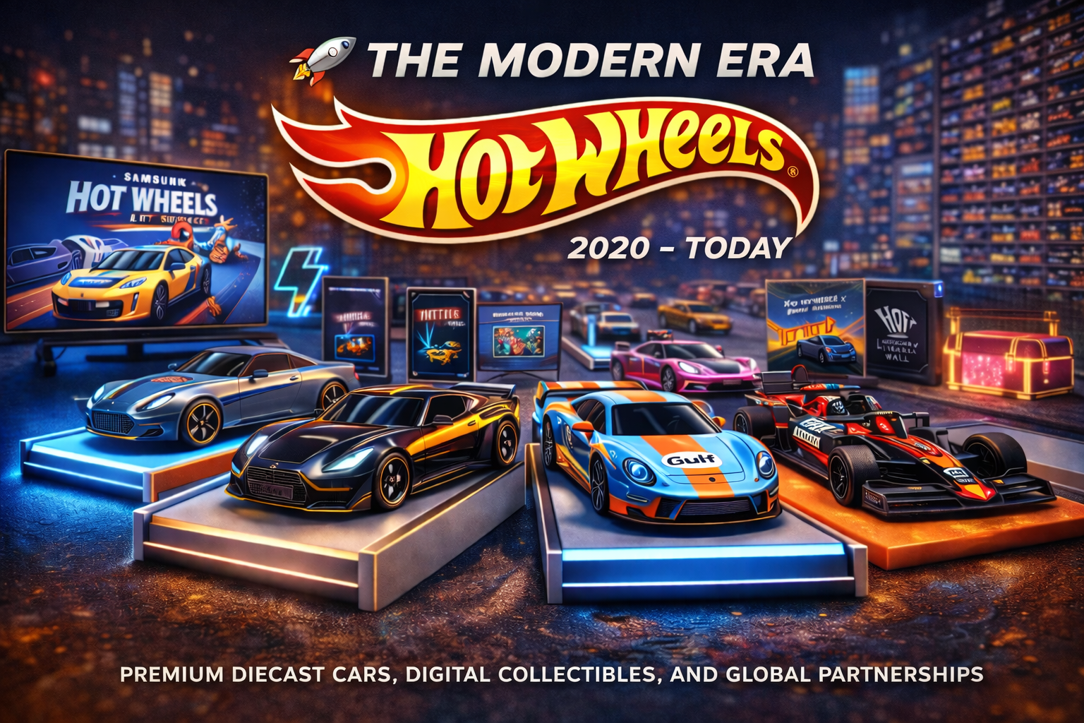 Hot Wheels modern era 2020 to today featuring premium diecast cars digital collectibles and high detail models in futuristic display