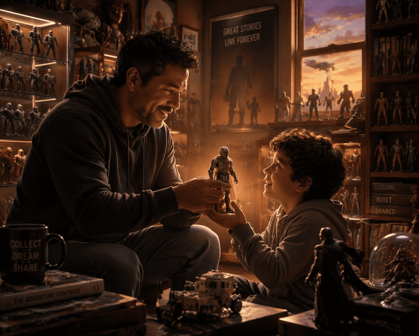 Father sharing collectible action figure with child in a cozy room of sci-fi collectibles, representing the legacy and joy of passing down toy collecting across generations