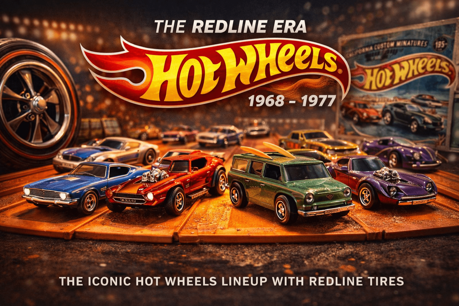Hot Wheels Redline era 1968 to 1977 collection featuring vintage redline cars with classic stripe tires on orange track display