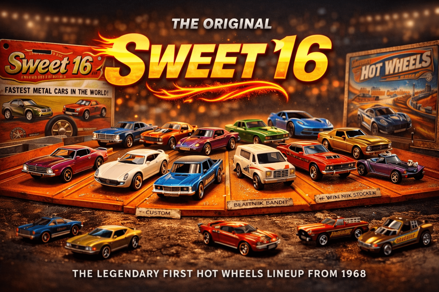 Hot Wheels Sweet 16 original 1968 lineup display featuring redline cars including Custom Camaro Beatnik Bandit and vintage diecast collection