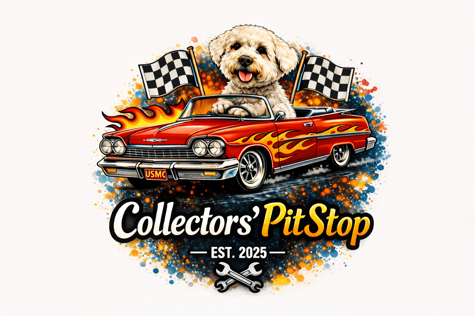 Collectors’ Pit Stop logo featuring a fluffy white poodle driving a red vintage lowrider convertible with flame decals, checkered racing flags in the background, colorful paint splash effects, USMC license plate, and EST. 2025 with crossed wrenches below
