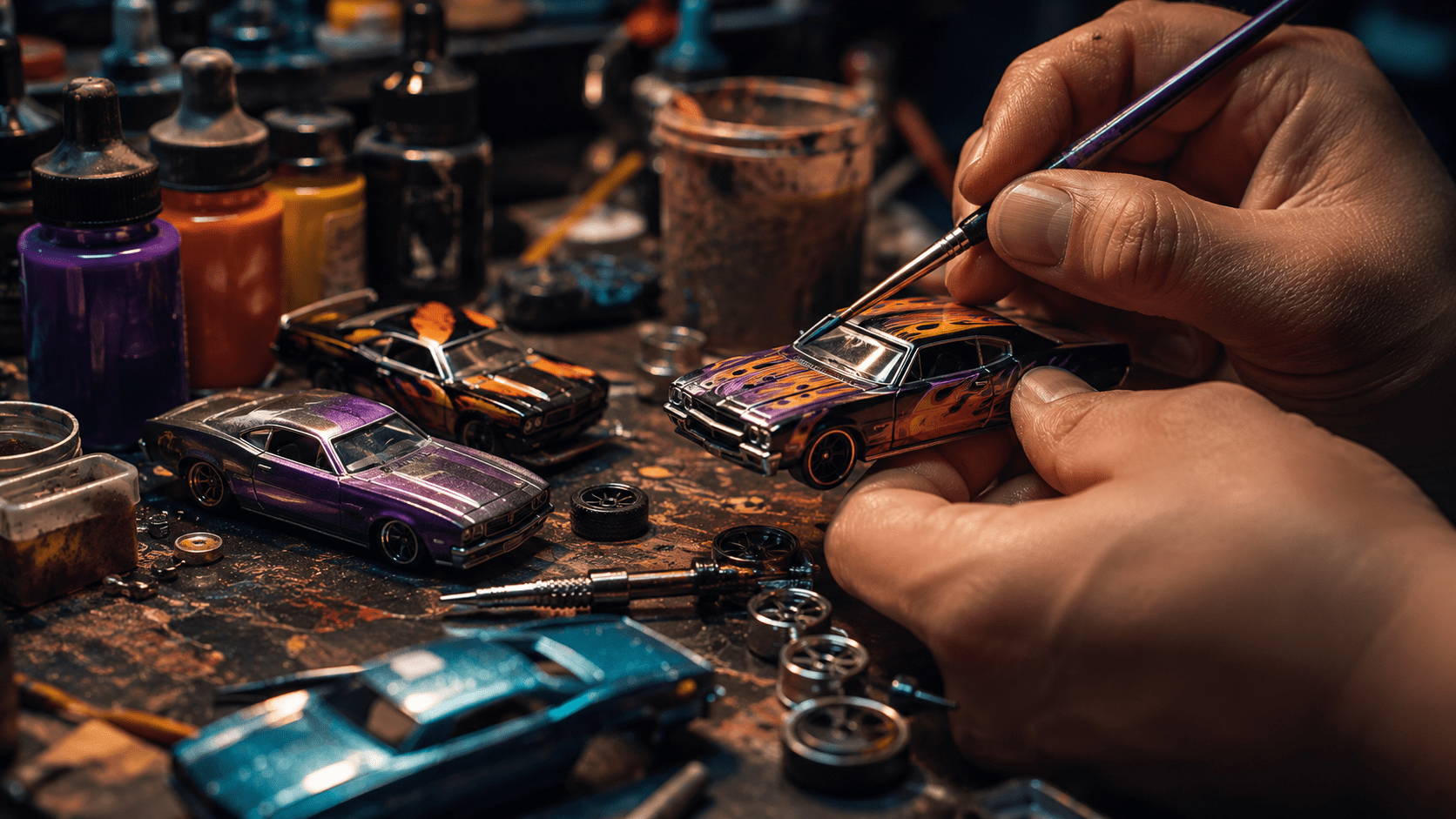 Custom diecast cars being painted and modified on a hobby workbench with tools and wheels
