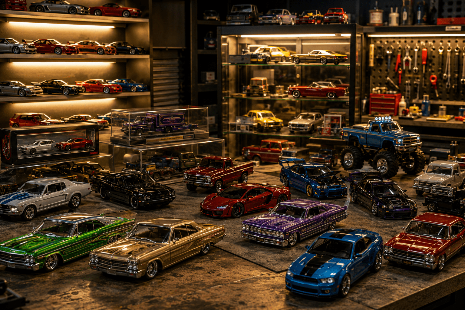 Other diecast brands collection featuring premium miniature muscle cars, imports, trucks, and custom diecast vehicles in a collector garage
